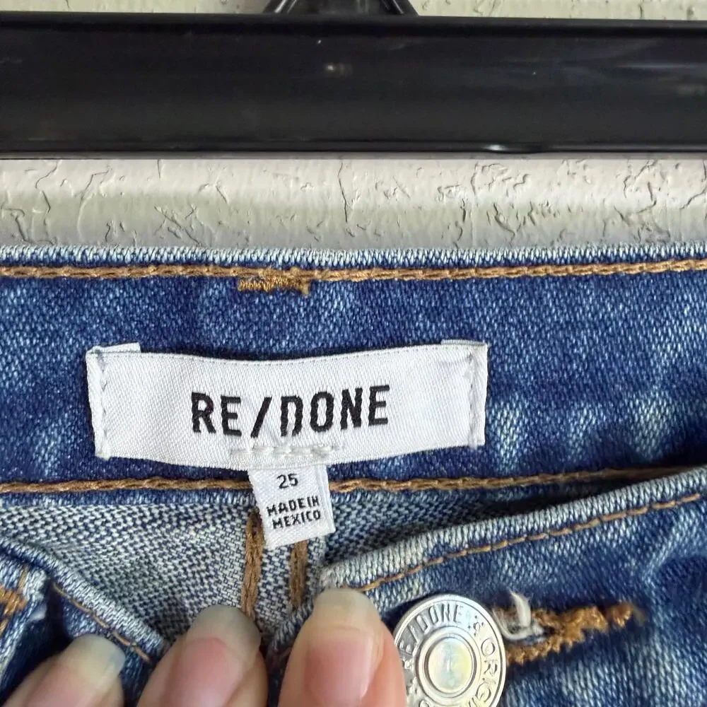 Re/Done High Rise Straight Leg Jeans Womens 25 Mid Wash Blue Denim Distress Knee